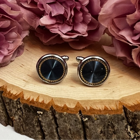 Elegant Royal Blue Gold Outlined Round Cufflinks Tuxedo Studs Formal 8 Pcs Set - Picture 9 of 16